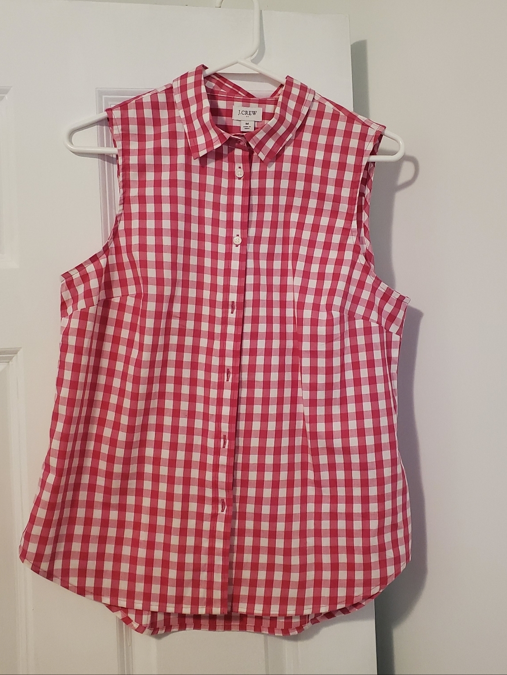 J. Crew Pink And White Checkeres Gingham Sleeveleas Button Down Collared Top
